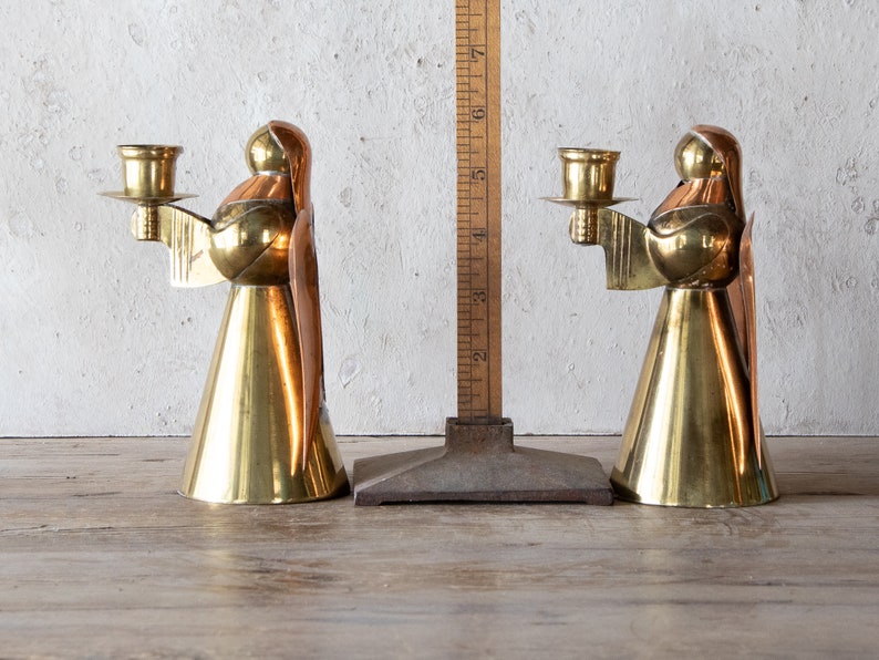 Set of Five Angel Candle Holders, 5 Vintage Brass & Copper Holiday Candlestick Holders image 7