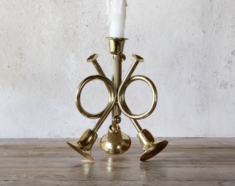 Triple French Horn Candle Holder, Vintage Solid Brass Trumpet Trio Candlestick for Taper Candle