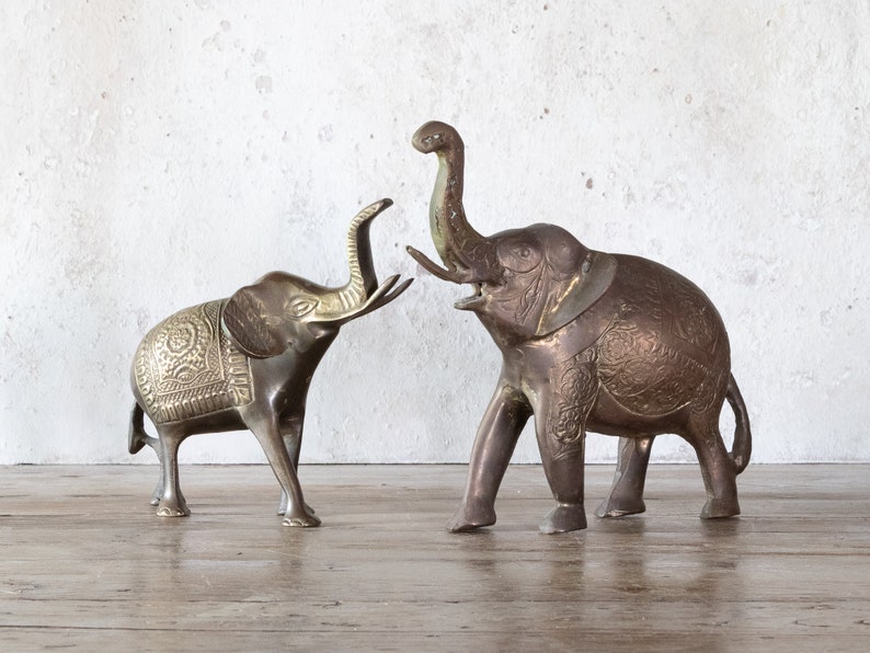 Upward Trunk Brass Elephant Figurine, Vintage Good Luck Elephant, Choose Small or Large image 1