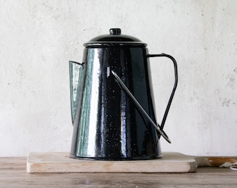Black Enamel Coffee Pot, Vintage Black Speckled Pitcher