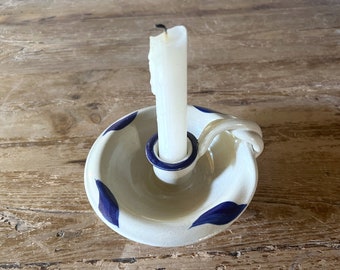 Salt Glazed Pottery Cobalt Leaf Chamberstick Candle Holder, Signed Clay Candlestick Holder with Finger Loop