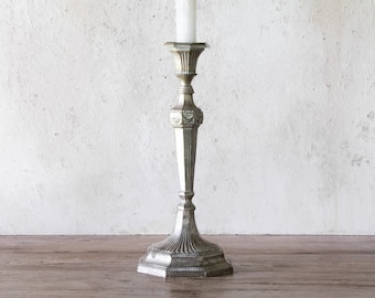 Silver Plated 10" Tall Cast Metal Candle Holder, Candlestick Holder for Taper Candle