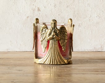 Brass Angel Candle Holder, Vintage Glass Votive & Candle, Christmas Holiday Decor