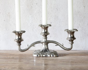 Low 3 Arm Silver Plated Candelabra, Vintage Three Branch Candleholder with Grape Vine Motif