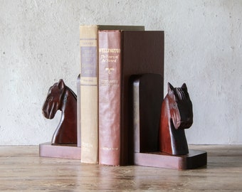 Carved Horse Head Bookends, Pair of Vintage Carved Mahogany Wood Bookends