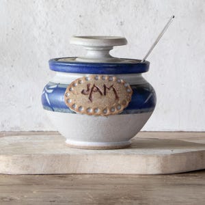 Vintage Ceramic Jam Jar with Spoon: Signed Pottery Pot