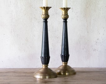 13" Tall Black & Brass Candlesticks, Pair of Vintage Lacquered Brass Candle Holders, Set of 2 Gatco Taper Holders