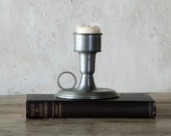 Pewter Chamberstick with Finger Loop, Colonial Style Pewter Candle Holder, Early American Pewter