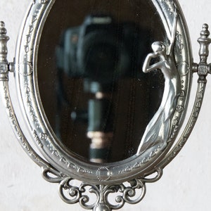 Pewter Tabletop Mirror, Antique Ornate Framed Mirror with Woman image 2