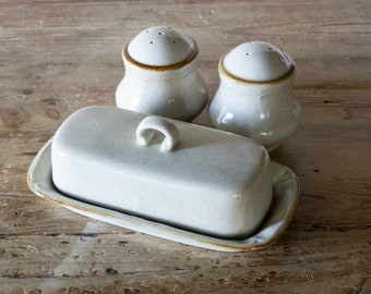 Minimalist Stoneware Butter Dish and Salt & Pepper Shakers, Neutral Kitchen Accessories, Vintage Modern Farmhouse Kitchen Decor
