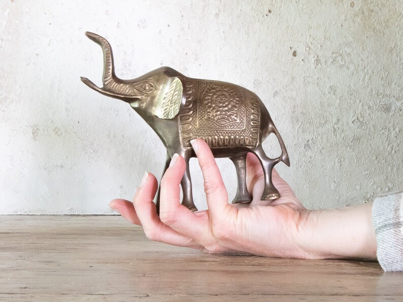 Upward Trunk Brass Elephant Figurine, Vintage Good Luck Elephant, Choose Small or Large image 2