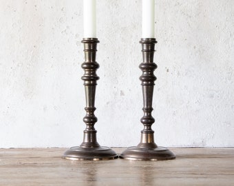 8" Tall Bronze Plated Candlesticks, Pair of Vintage Metal Candle Holders, Set of 2 Taper Holders