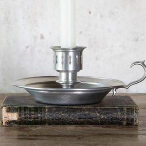 Pewter Chamberstick with Finger Handle, Colonial Style Pewter Candle Holder for Taper Candle