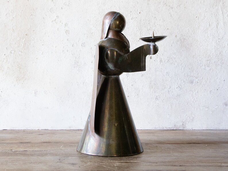 9 Tall Brass & Copper Angel Candle Holder, Vintage Christmas Angel Votive Tea Light Candle Holder image 4