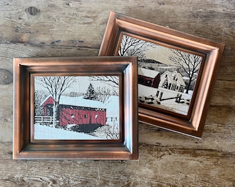 Winter Scene Art, Country Landscape Texture Art, Farmhouse Wall Decor, Set of 2