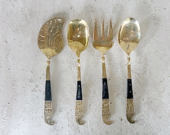 Brass Utensils Serving Set, Vintage Set of Four: Two Spoons, One Fork, and One Server