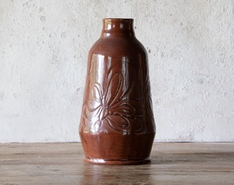 Studio Pottery Vase, 8" Tall Signed Bud Vase, Stoneware Vessel with Leaf Design