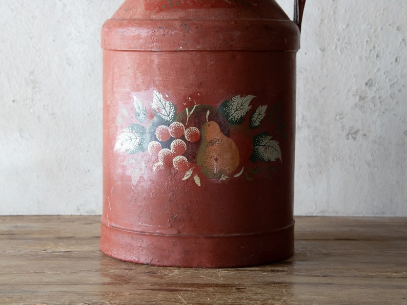 14h Painted Milk Jug, Primitive Red Dairy Can, Vintage Vase image 2
