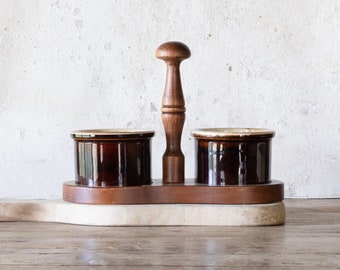 Condiment Caddy, Vintage Wood and Ceramic Relish Server