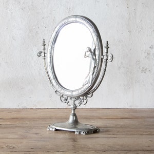 Pewter Tabletop Mirror, Antique Ornate Framed Mirror with Woman image 3