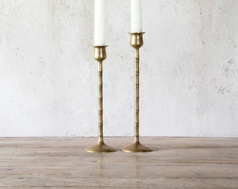 Brass Faux Bamboo Candlesticks, Pair, Vintage Metal Candle Holders, Set of Two Tall Taper Holders