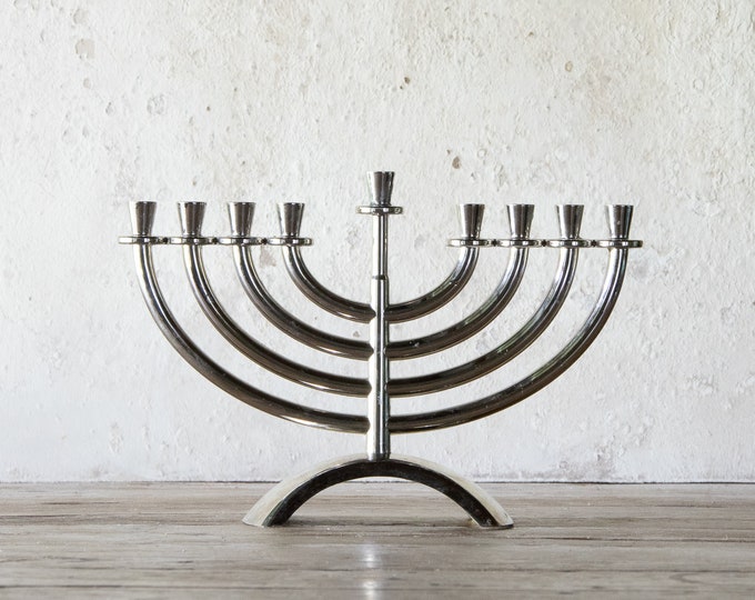 Minimalist Menorah, Simple Silver Tone Vintage Jewish Hanukkah Menorah