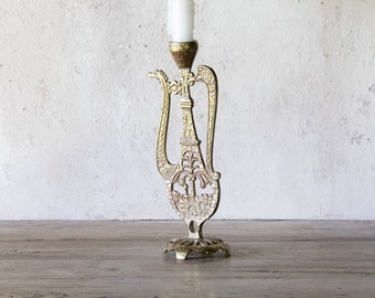 Jerusalem Brass Candle Holder, Vintage Solid Brass Ornate Israeli Candlestick for Taper Candle