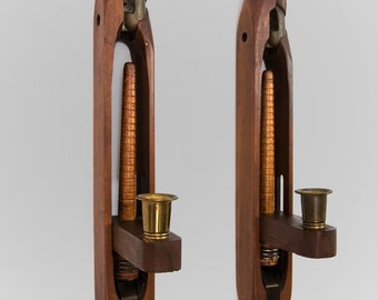 Weaving Loom Shuttle Wall Sconces, Pair of Antique Wood Sconces