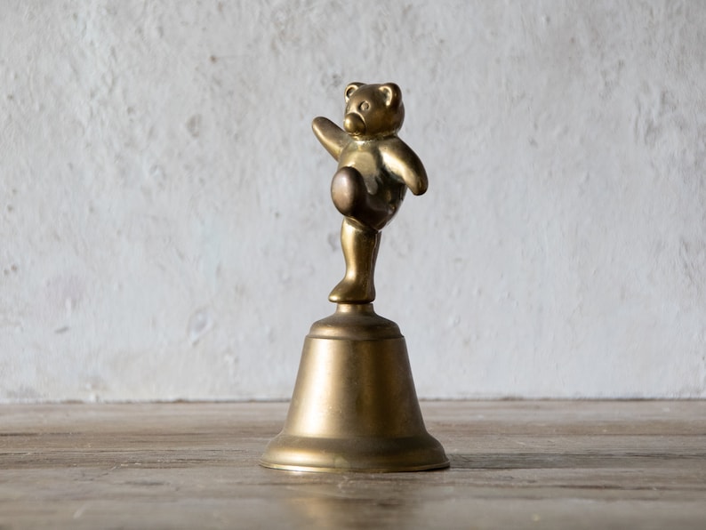 Brass Bear Bell, Tiny Vintage Bear Figurine, Brass Bell, Nursery Decor image 1