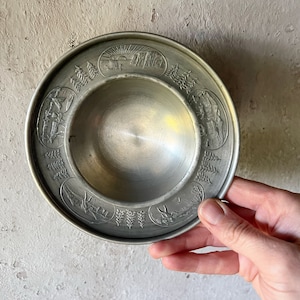 Norwegian Pewter Footed Bowl, Graphic Vintage Small Pewter Trinket Dish image 1