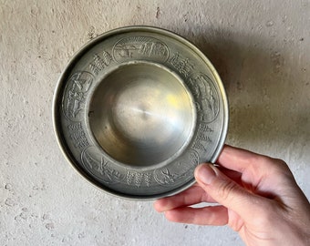 Norwegian Pewter Footed Bowl, Graphic Vintage Small Pewter Trinket Dish