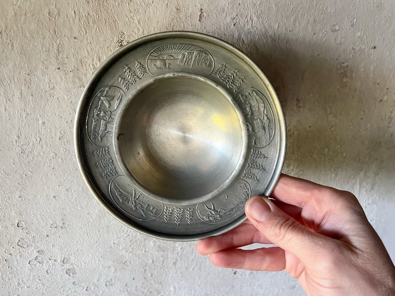 Norwegian Pewter Footed Bowl, Graphic Vintage Small Pewter Trinket Dish image 1