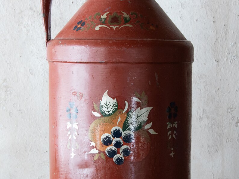 14h Painted Milk Jug, Primitive Red Dairy Can, Vintage Vase image 5