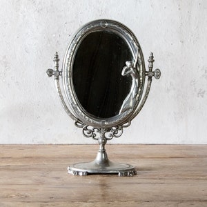 Pewter Tabletop Mirror, Antique Ornate Framed Mirror with Woman image 1