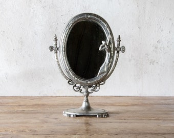 Pewter Tabletop Mirror, Antique Ornate Framed Mirror with Woman