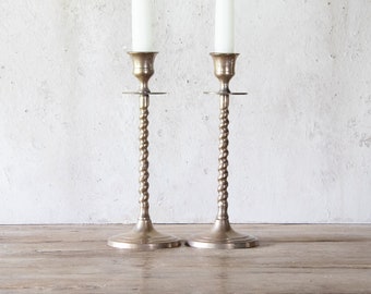 Twist Swirl Brass Candlesticks, Pair, Vintage Metal Candle Holders, Set of Two 8" Tall Taper Holders