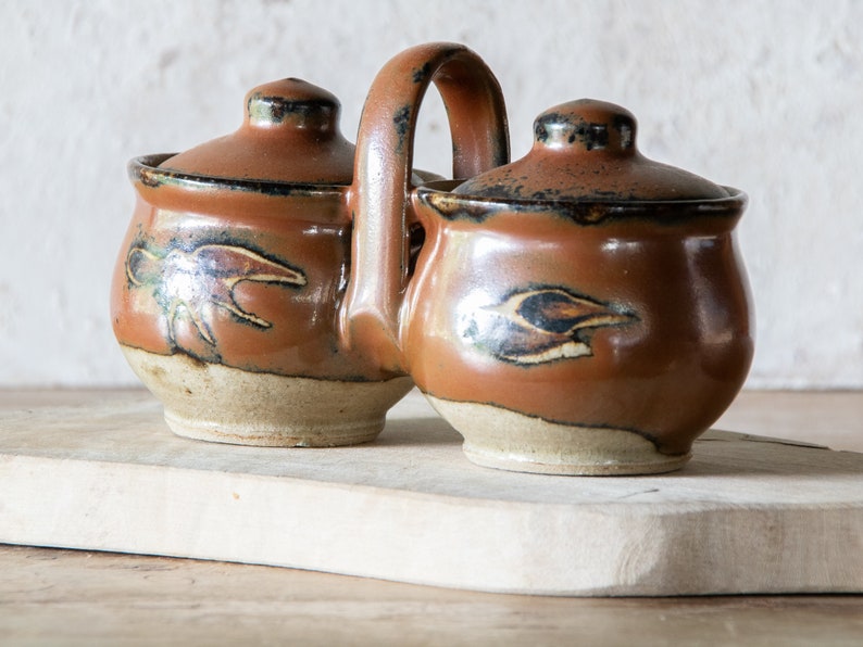 Double Condiment Caddy, Vintage Stoneware Relish Server, Salt & Pepper Cellar Set image 10