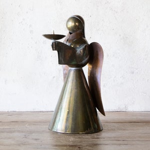 9 Tall Brass & Copper Angel Candle Holder, Vintage Christmas Angel Votive Tea Light Candle Holder image 1