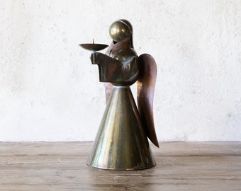 9" Tall Brass & Copper Angel Candle Holder, Vintage Christmas Angel Votive Tea Light Candle Holder