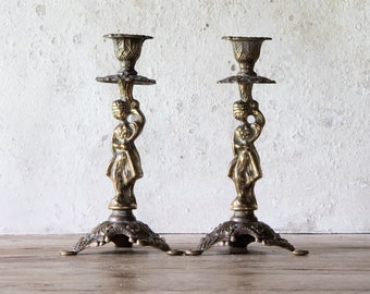 Woman Figure Candle Holders Pair, Set of Two Vintage Ornate Brass Goddess Candlestick Holders