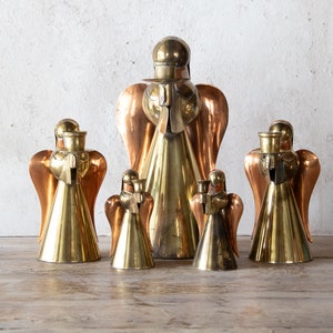 Set of Five Angel Candle Holders, 5 Vintage Brass & Copper Holiday Candlestick Holders image 1