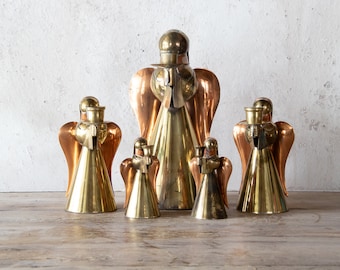 Set of Five Angel Candle Holders, 5 Vintage Brass & Copper Holiday Candlestick Holders