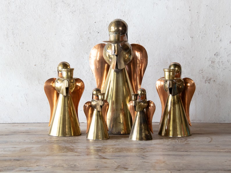 Set of Five Angel Candle Holders, 5 Vintage Brass & Copper Holiday Candlestick Holders image 1