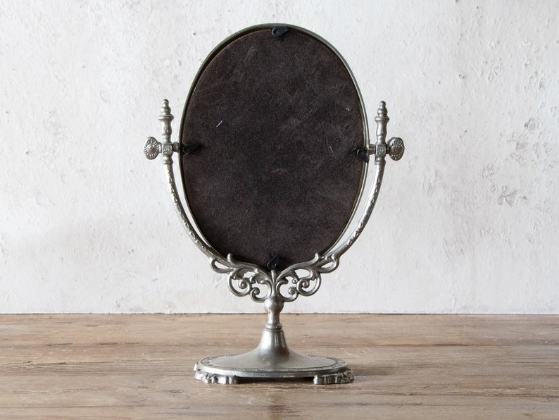 Pewter Tabletop Mirror, Antique Ornate Framed Mirror with Woman image 7