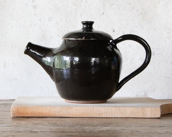 Studio Pottery Teapot, Short and Stout Brownish Black Decorative Stoneware Tea Pot Pitcher