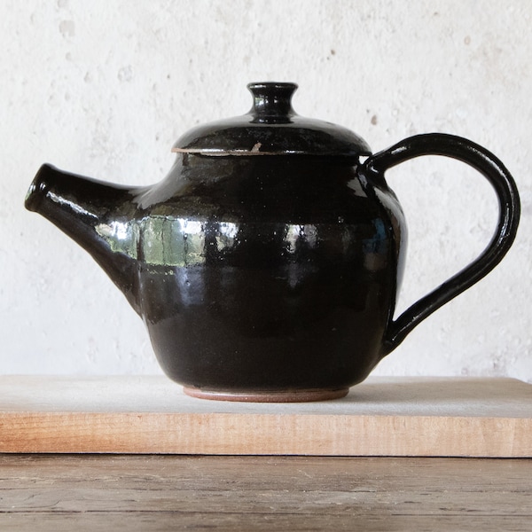 Studio Pottery Teapot, Short and Stout Brownish Black Decorative Stoneware Tea Pot Pitcher