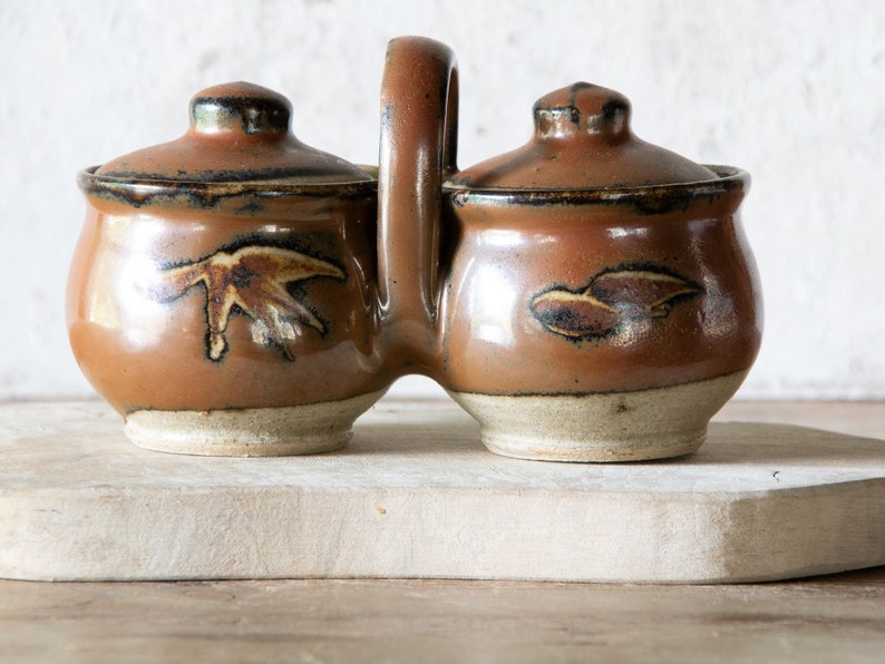 Double Condiment Caddy, Vintage Stoneware Relish Server, Salt & Pepper Cellar Set image 6