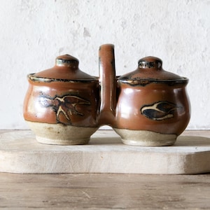 Double Condiment Caddy, Vintage Stoneware Relish Server, Salt & Pepper Cellar Set image 3