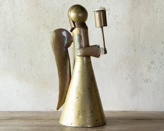 14" Tall Brass & Copper Angel Candle Holder, Large Christmas Angel Votive Holder