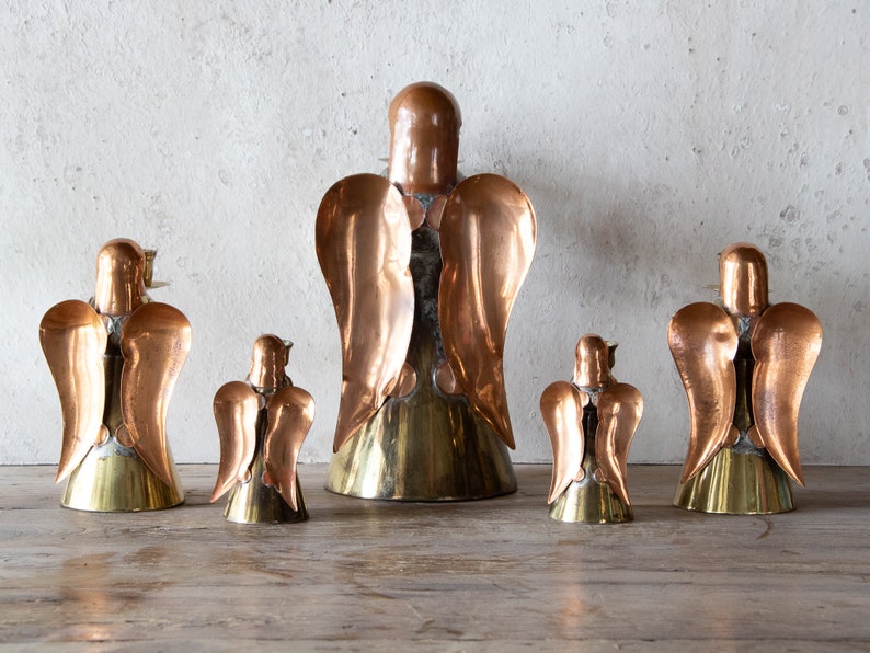 Set of Five Angel Candle Holders, 5 Vintage Brass & Copper Holiday Candlestick Holders image 3